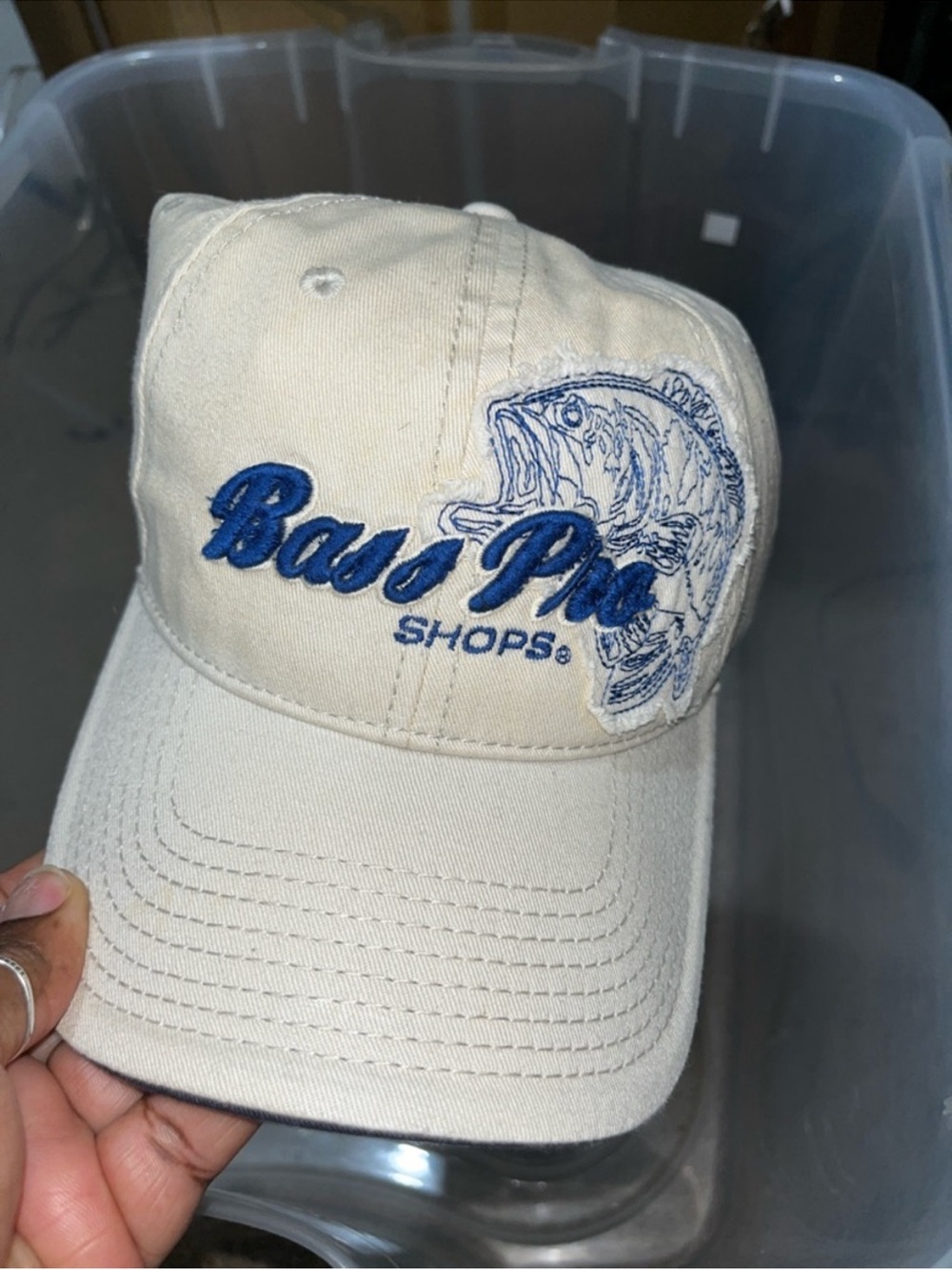 Bass Pro Shops Cream Baseball Cap with Blue Embroidered Logo unisex